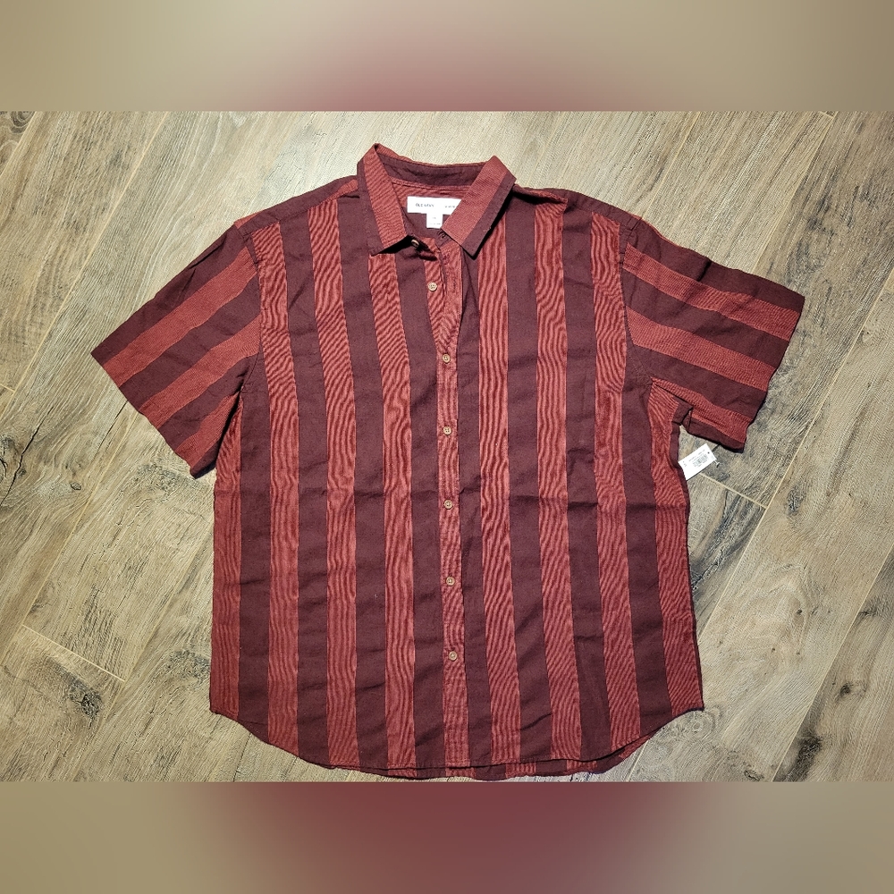 Burgandy Striped Old Navy XXL Slim Fit Collard Short Sleeve Shirt